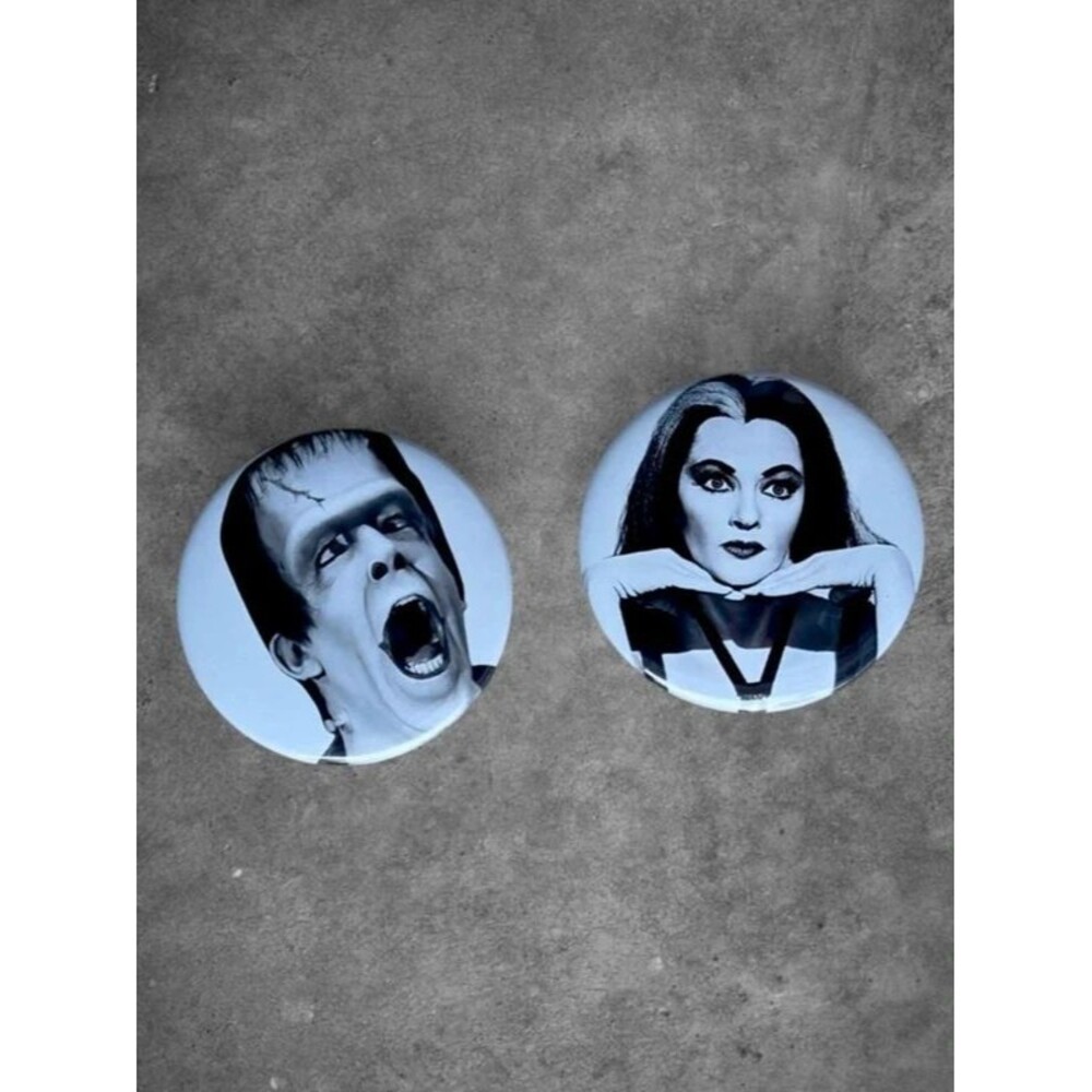Handmade 2.25” Herman and Lily Munster button set